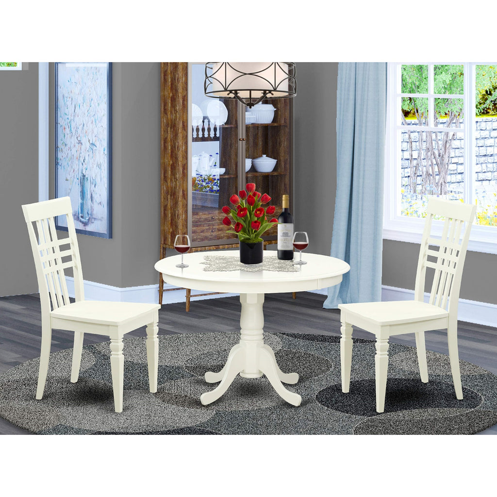East West Furniture HLLG3-LWH-W 3 Piece Kitchen Table & Chairs Set Contains a Round Dining Room Table with Pedestal and 2 Solid Wood Seat Chairs, 42x42 Inch, Linen White
