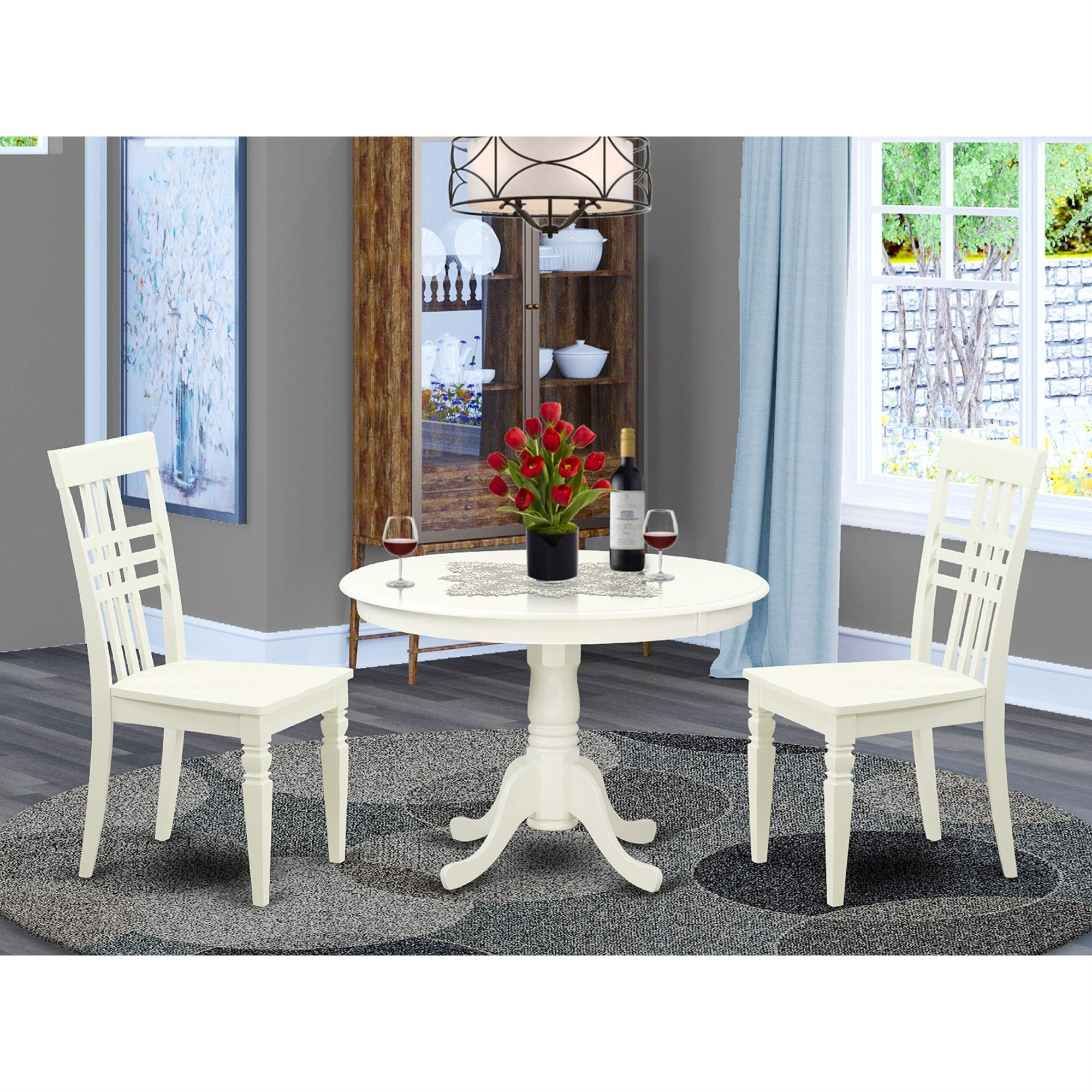 East West Furniture HLLG3-LWH-W 3 Piece Kitchen Table & Chairs Set Contains a Round Dining Room Table with Pedestal and 2 Solid Wood Seat Chairs, 42x42 Inch, Linen White