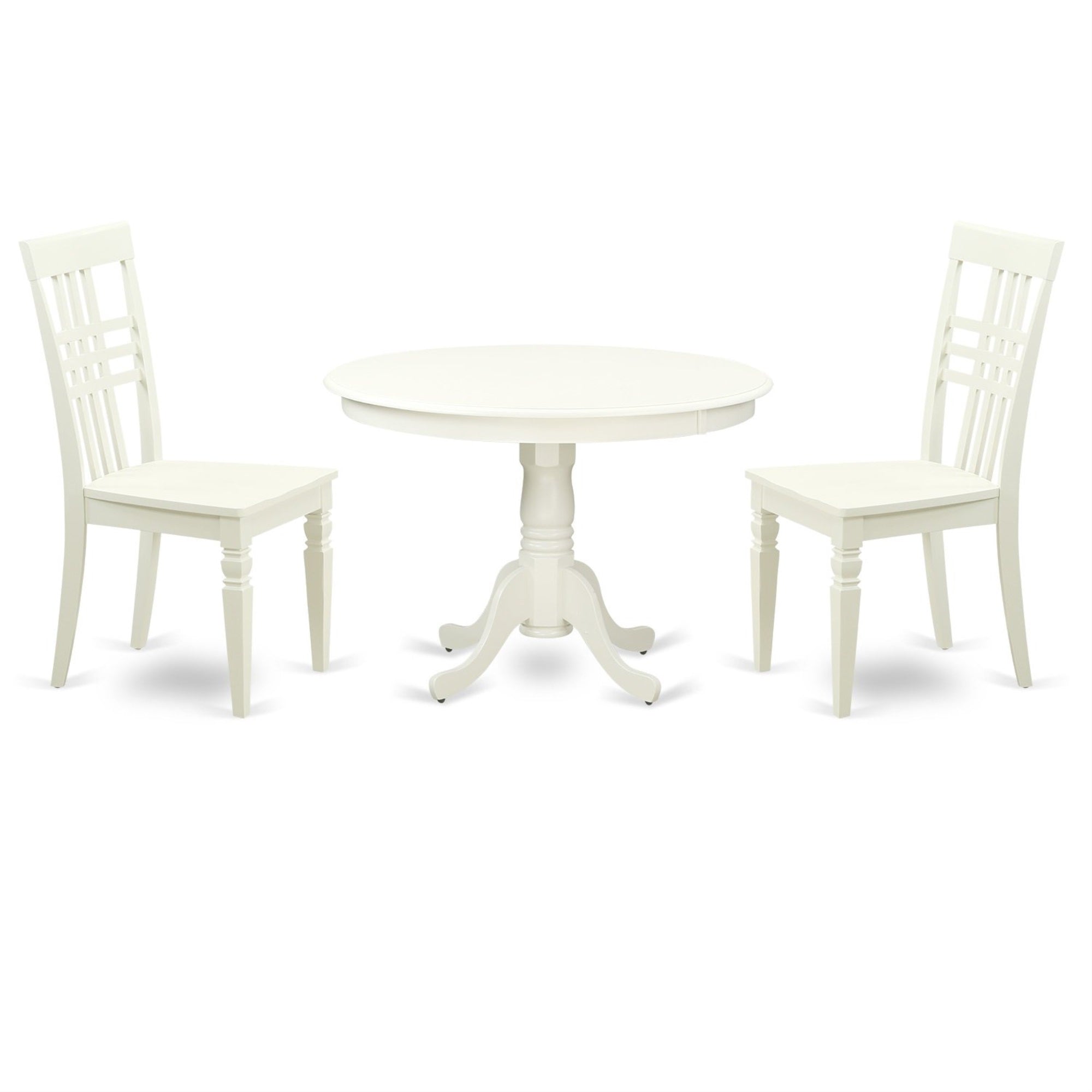East West Furniture HLLG3-LWH-W 3 Piece Kitchen Table & Chairs Set Contains a Round Dining Room Table with Pedestal and 2 Solid Wood Seat Chairs, 42x42 Inch, Linen White