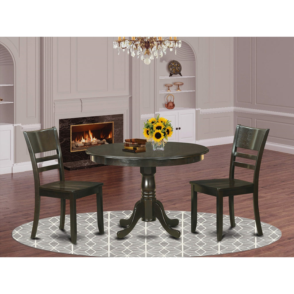 East West Furniture HLLY3-CAP-W 3 Piece Kitchen Table Set for Small Spaces Contains a Round Dining Room Table with Pedestal and 2 Dining Chairs, 42x42 Inch, Cappuccino