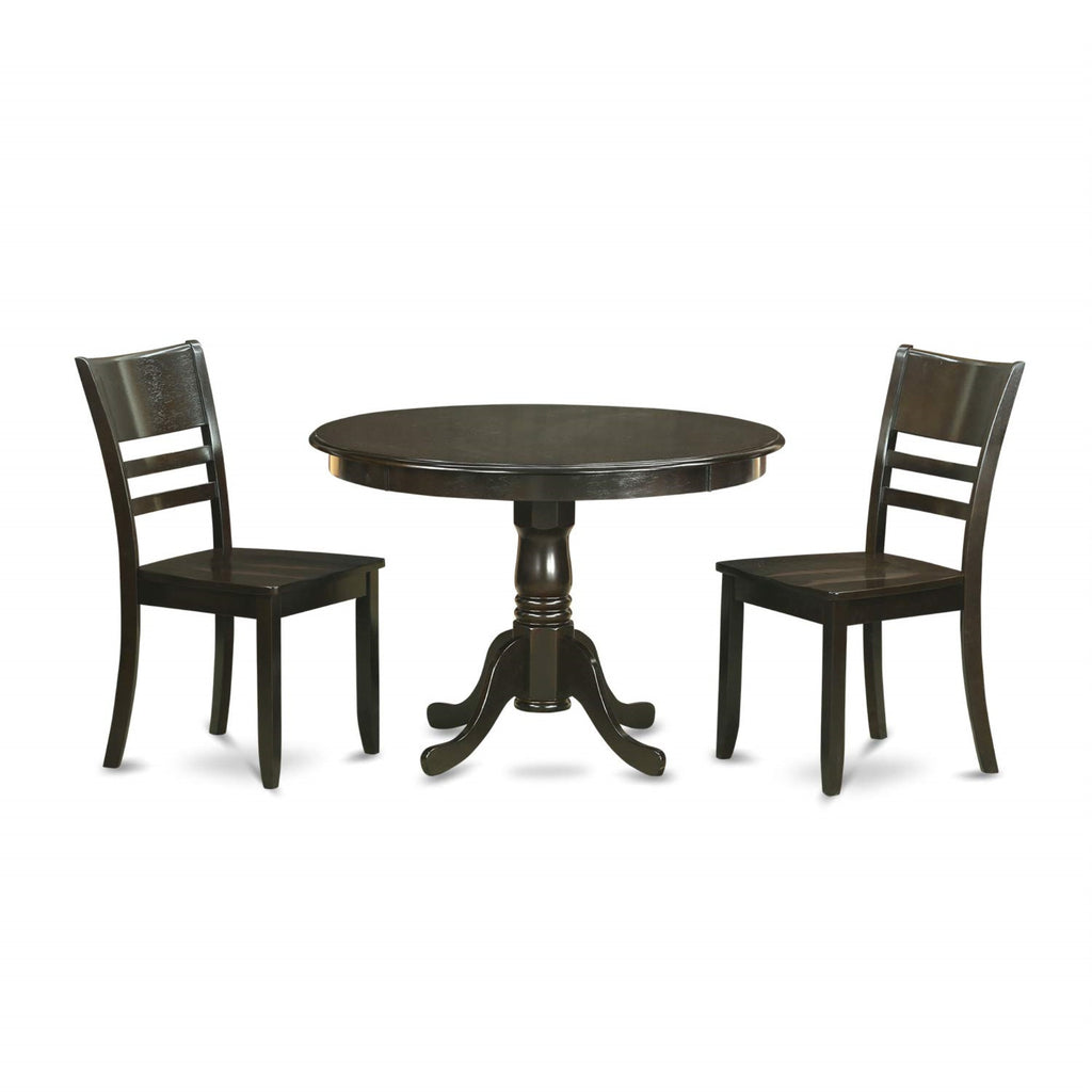East West Furniture HLLY3-CAP-W 3 Piece Kitchen Table Set for Small Spaces Contains a Round Dining Room Table with Pedestal and 2 Dining Chairs, 42x42 Inch, Cappuccino
