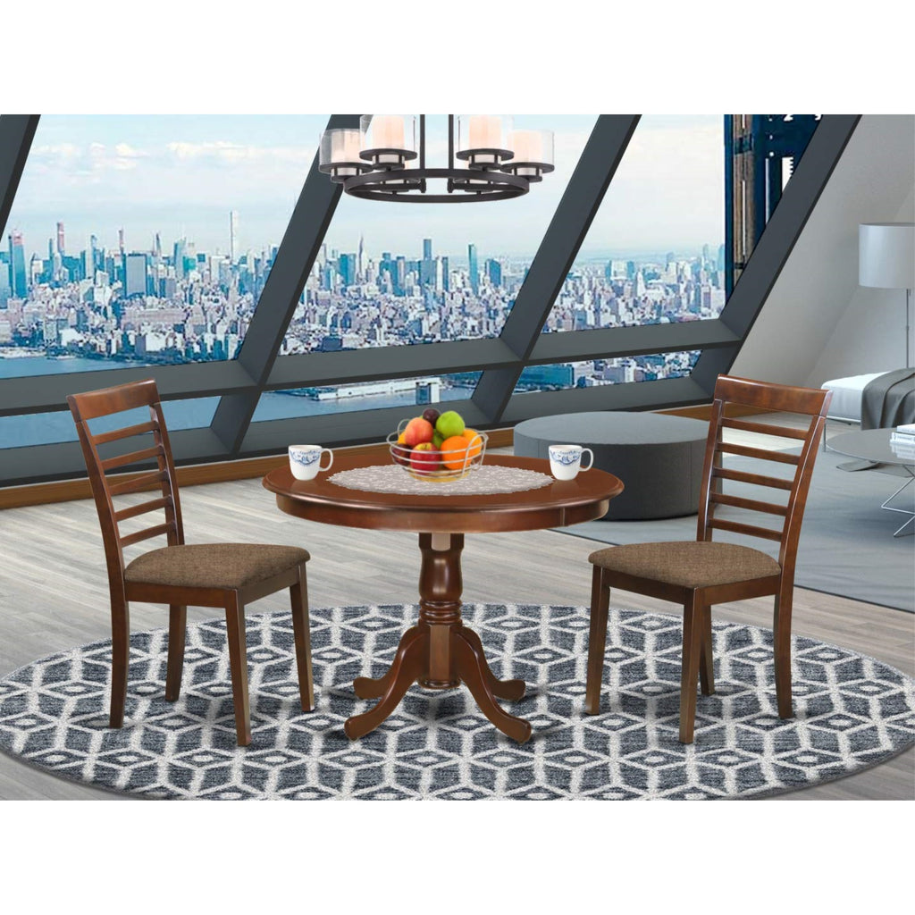 East West Furniture HLML3-MAH-C 3 Piece Dining Set Contains a Round Dining Room Table with Pedestal and 2 Linen Fabric Upholstered Kitchen Chairs, 42x42 Inch, Mahogany