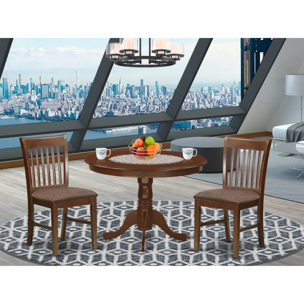 East West Furniture HLNO3-MAH-C 3 Piece Modern Dining Table Set Contains a Round Wooden Table with Pedestal and 2 Linen Fabric Upholstered Dining Chairs, 42x42 Inch, Mahogany