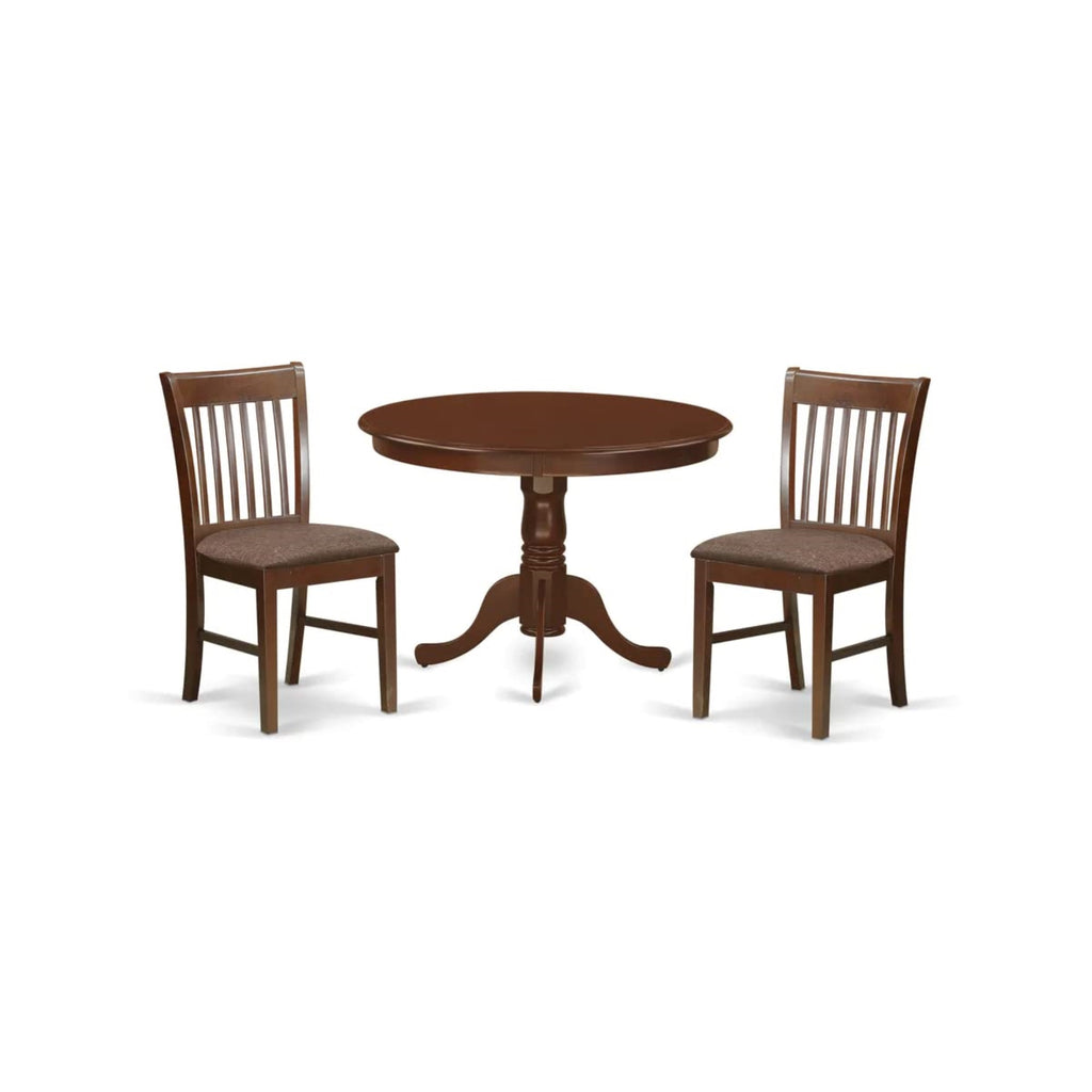 East West Furniture HLNO3-MAH-C 3 Piece Modern Dining Table Set Contains a Round Wooden Table with Pedestal and 2 Linen Fabric Upholstered Dining Chairs, 42x42 Inch, Mahogany