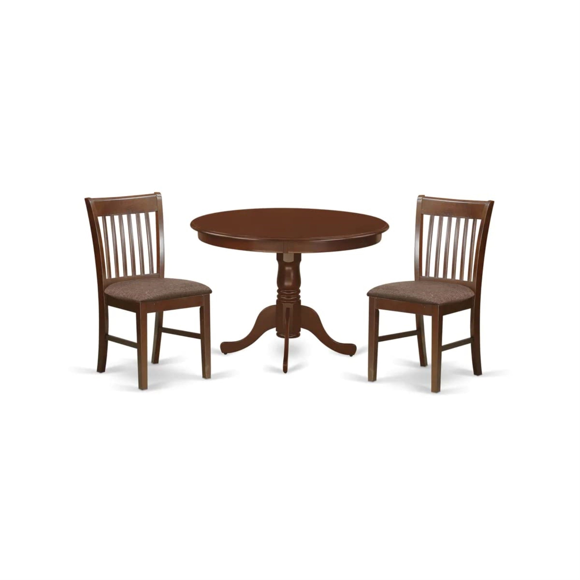 East West Furniture HLNO3-MAH-C 3 Piece Modern Dining Table Set Contains a Round Wooden Table with Pedestal and 2 Linen Fabric Upholstered Dining Chairs, 42x42 Inch, Mahogany