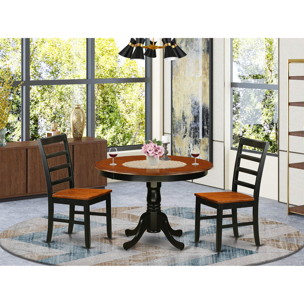 East West Furniture HLPF3-BCH-W 3 Piece Dining Table Set for Small Spaces Contains a Round Dining Room Table with Pedestal and 2 Wood Seat Chairs, 42x42 Inch, Black & Cherry