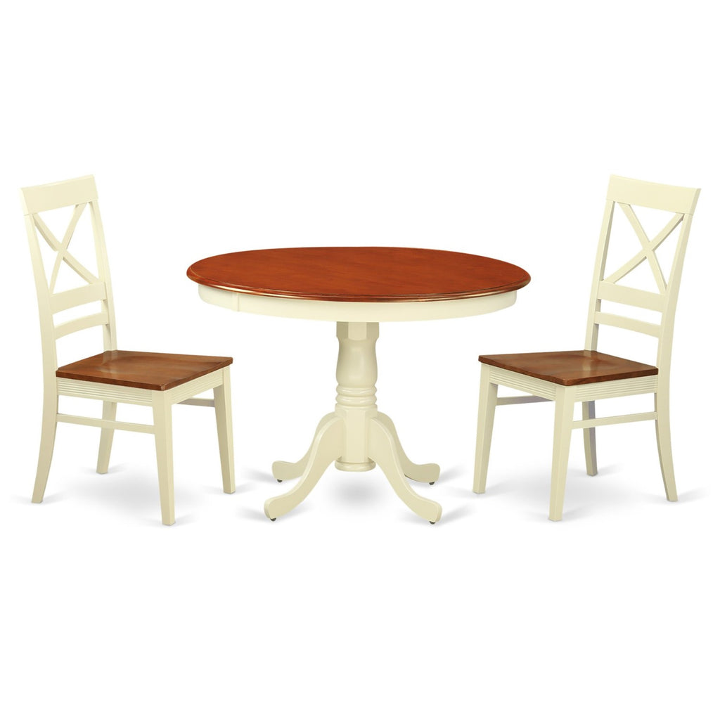 East West Furniture HLQU3-BMK-W Hartland 3 Piece Room Set Contains a Round Kitchen Table with Pedestal and 2 Dining Chairs, 42x42 Inch