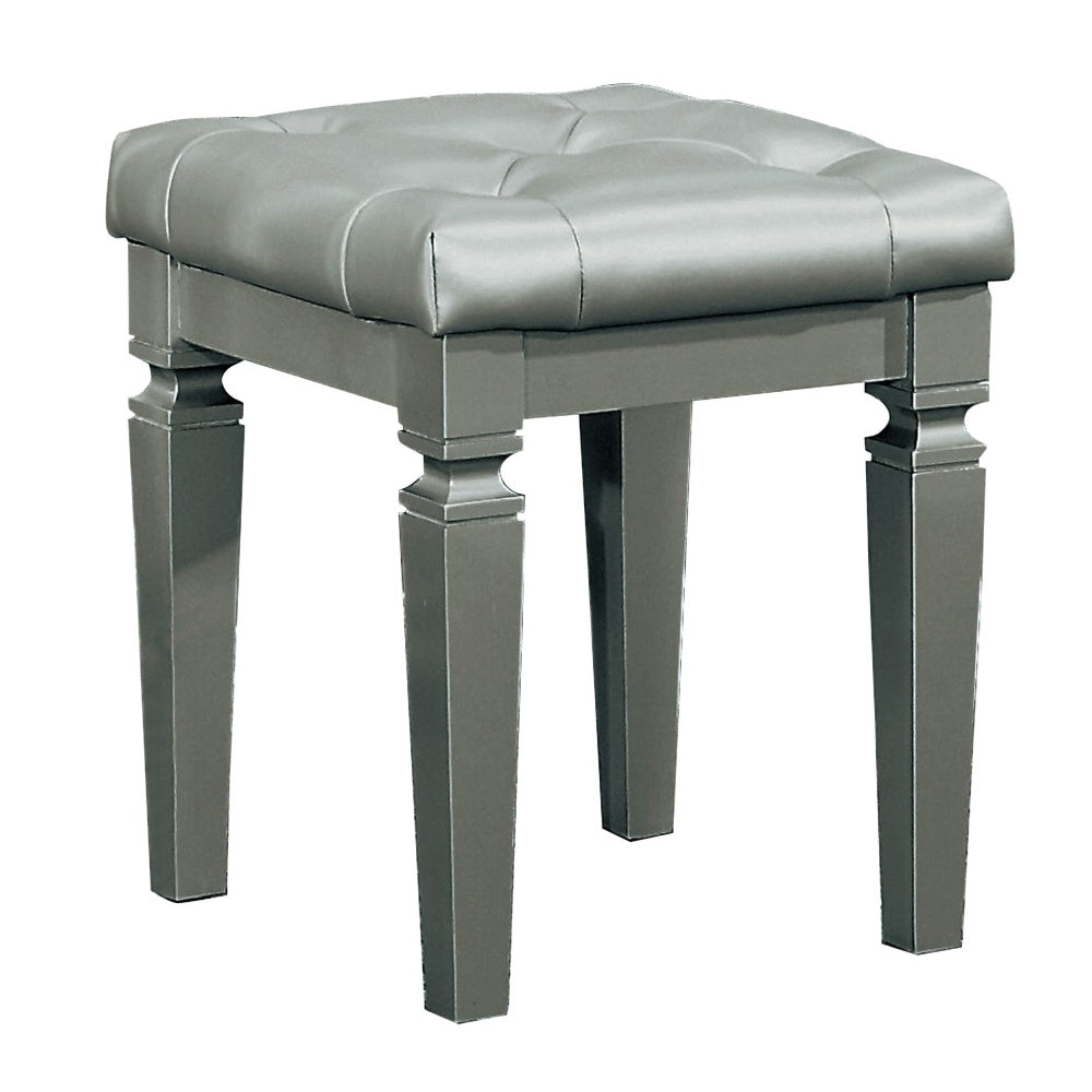 Wooden Vanity Stool With Faux Leather Tufted Seat, Gray