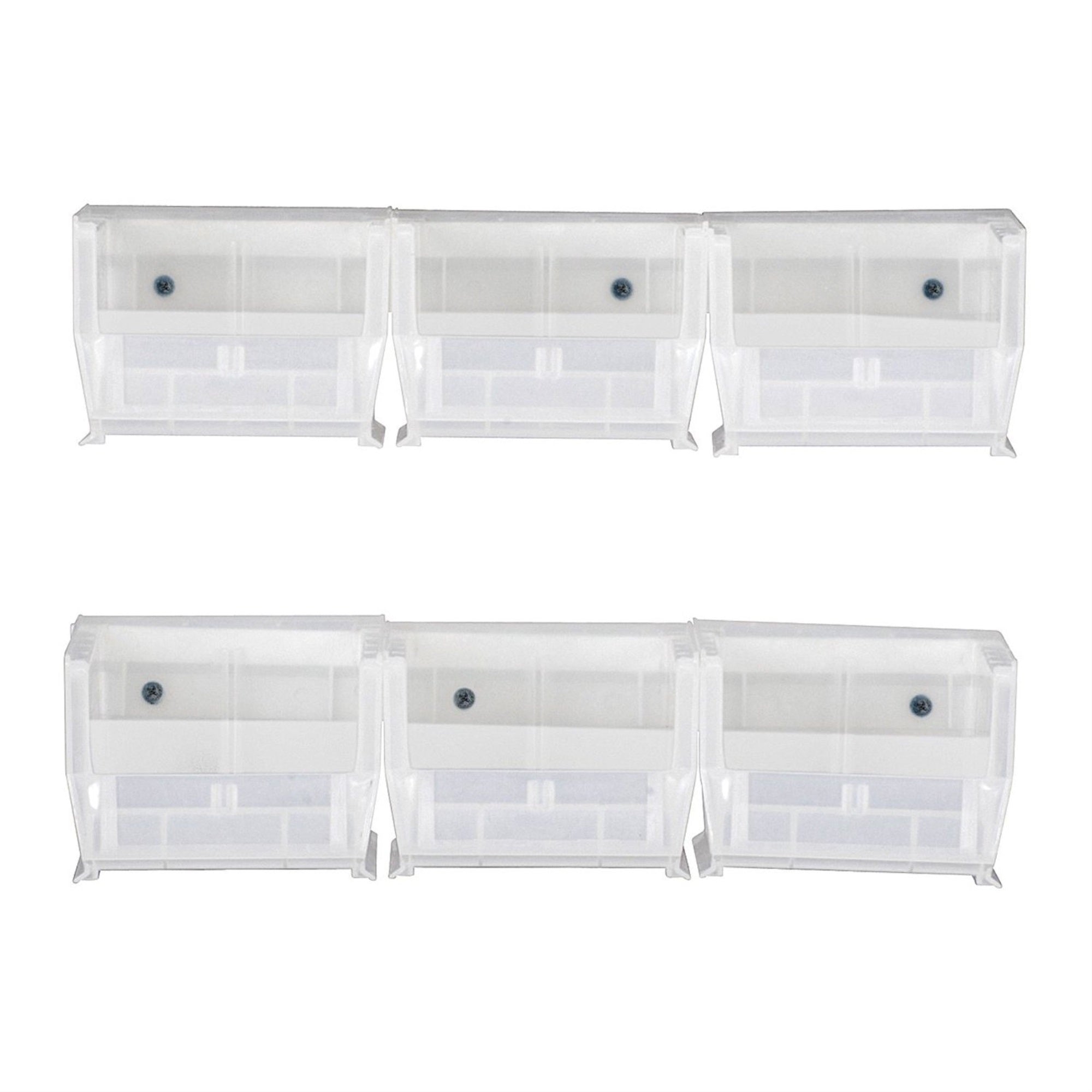 Hang-n-Stack Bin,  package, includes: (6) 5-3/8L x 4-1/8W x 3H (QUS210) clear bin and (2) bin rails