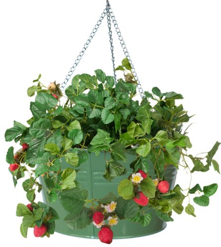 Houston International Trading 8495E Sa Enameled Galvanized Hanging Strawberry & Flower Planter  Sage