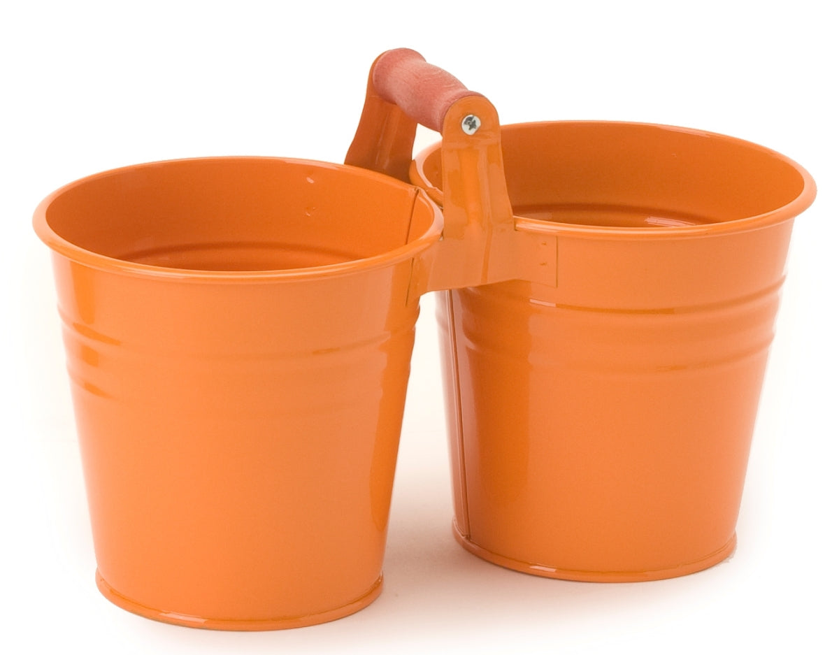 Houston International Trading 8122E Ta Enameled Galvanized 2 Planter Unit With Wood Handle  Tangerine