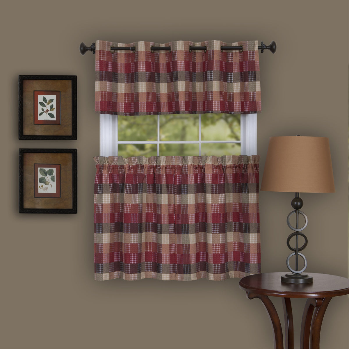 Sophisticated Grommet Plaid Window Curtain Tier Pair  Elegant Design, Seamless Coordination  57X24 Burgundy