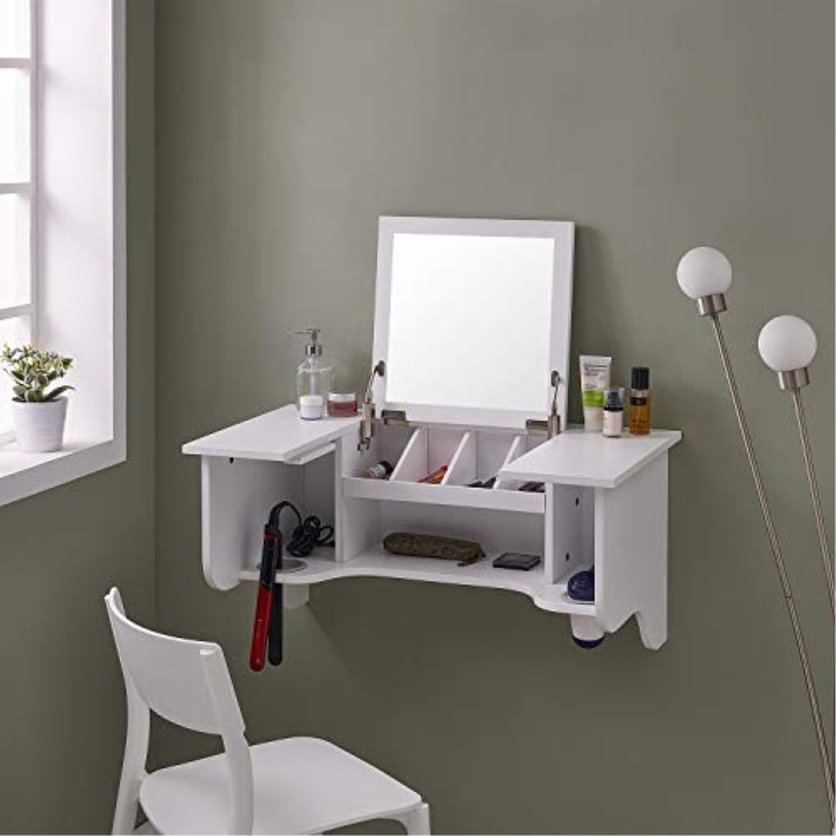 Wall Mount Ledge W/ Vanity Mirror  Transitional Style  White