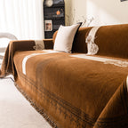 Jacquard Floral Band Sofa Cover with Tassels, Thick Textured Couch Throw Blanket