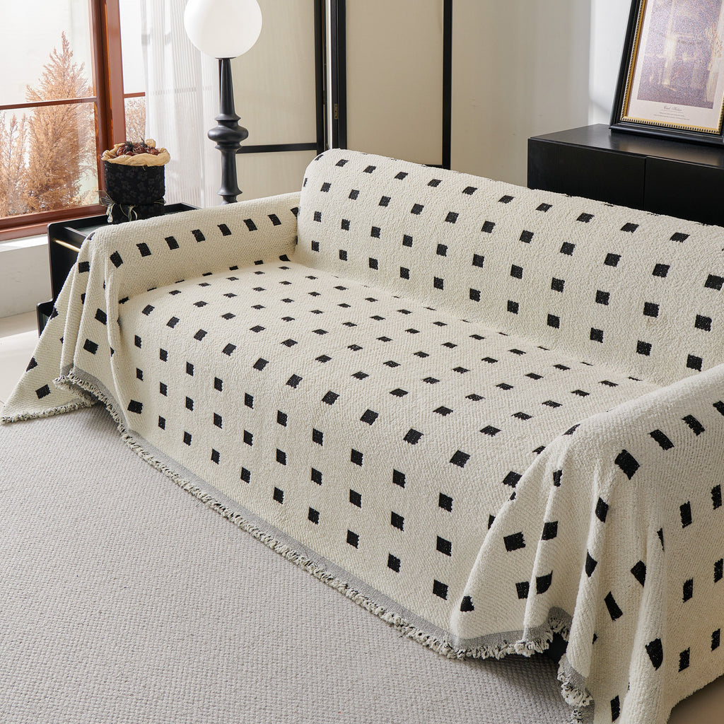 Sofa Throw Blanket with Woven Geometric Pattern & Tassels, Soft & Thick Couch Cover