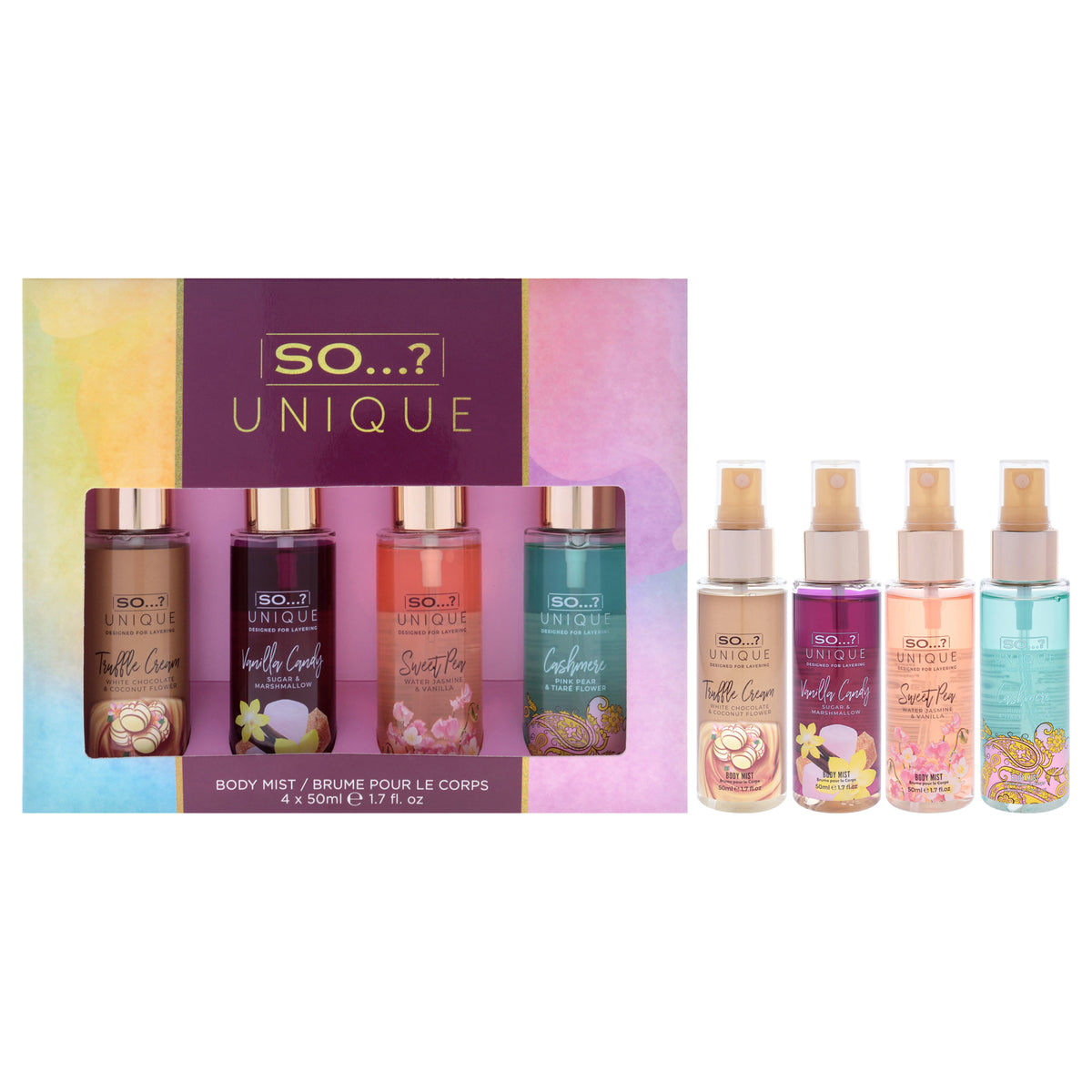 Unique Body Mist Set by So? for Women - 4 Pc 1.7oz Body Mist - Vanilla Candy, 1.7oz Body Mist - Sweet Pea, 1.7oz Body Mist - Tru