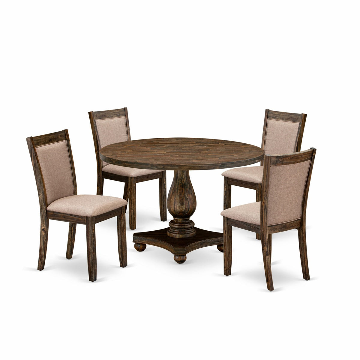 I2Mz5716 5Pc Dining Room Set  Round Table And 4 Parson Chairs  Distressed Jacobean Color