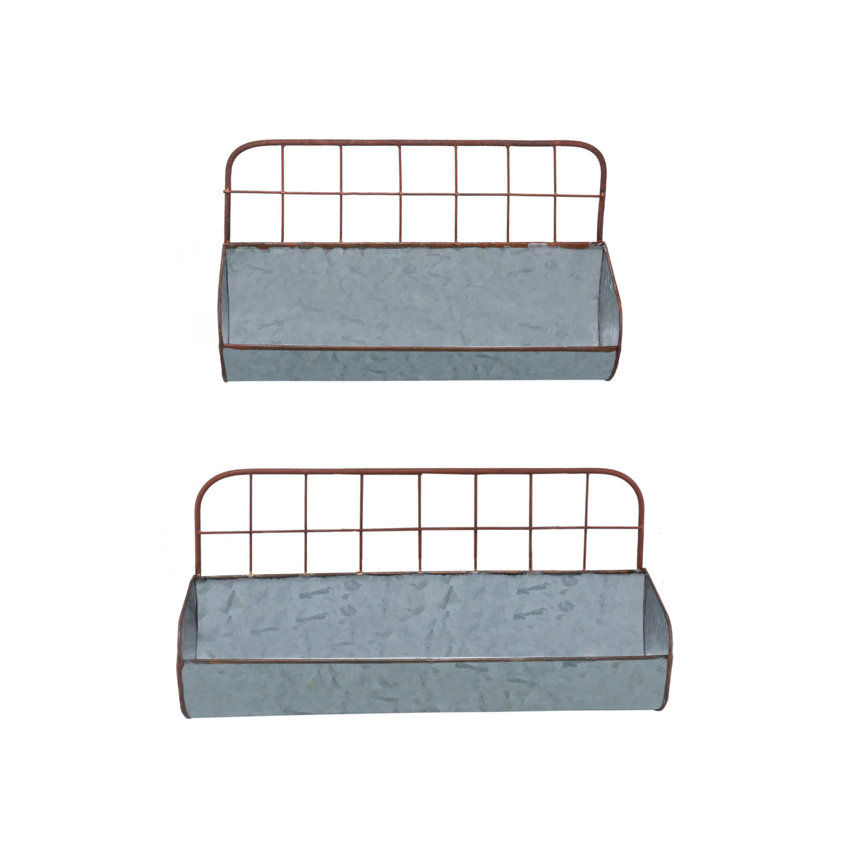 Galvanized Metal Wall Iron Shelves With Wired Back, Set of 2, Gray