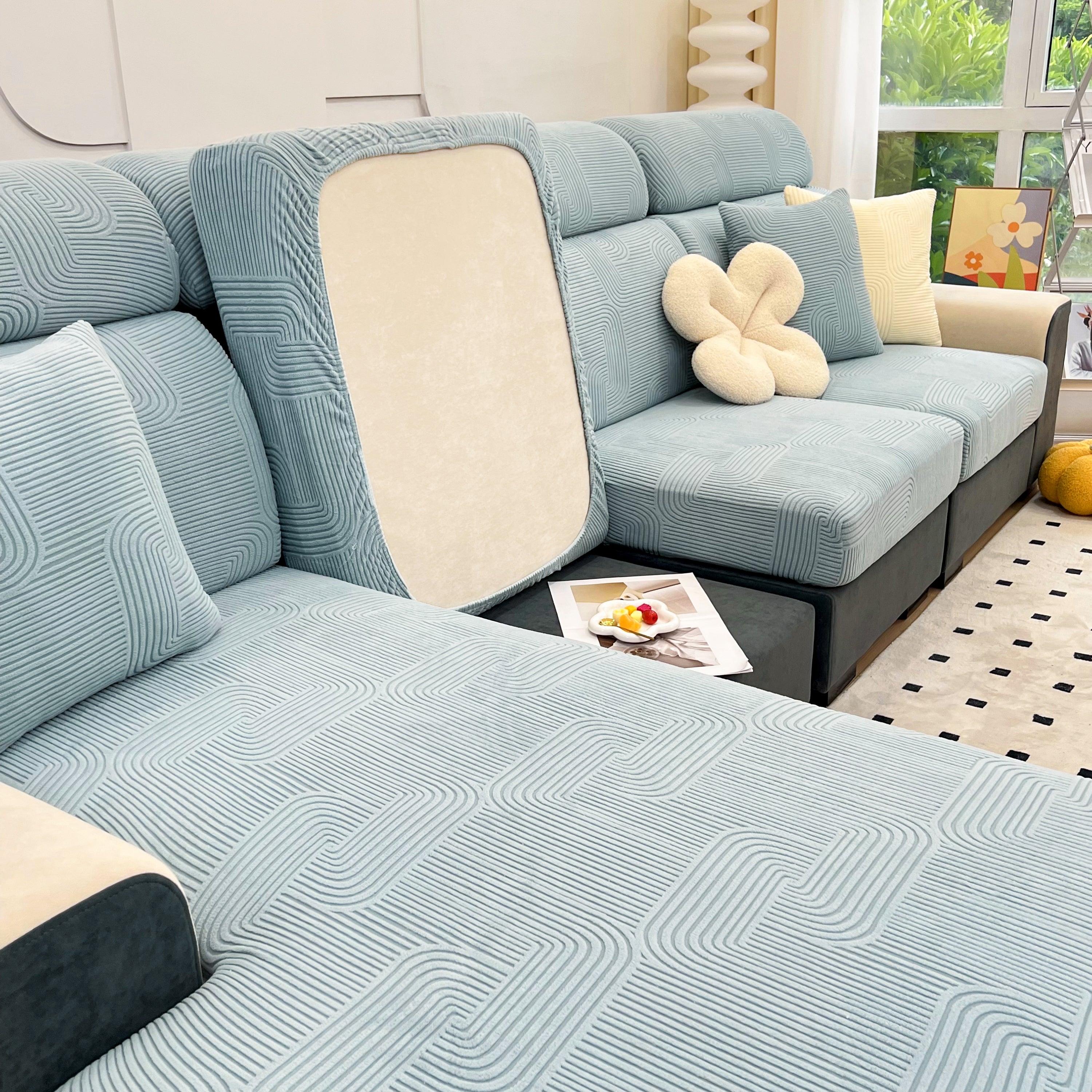 Stretch Couch Cushion Covers, Washable Chaise Lounge Sofa Slipcover, Elastic Furniture Protector for Pets, Kid