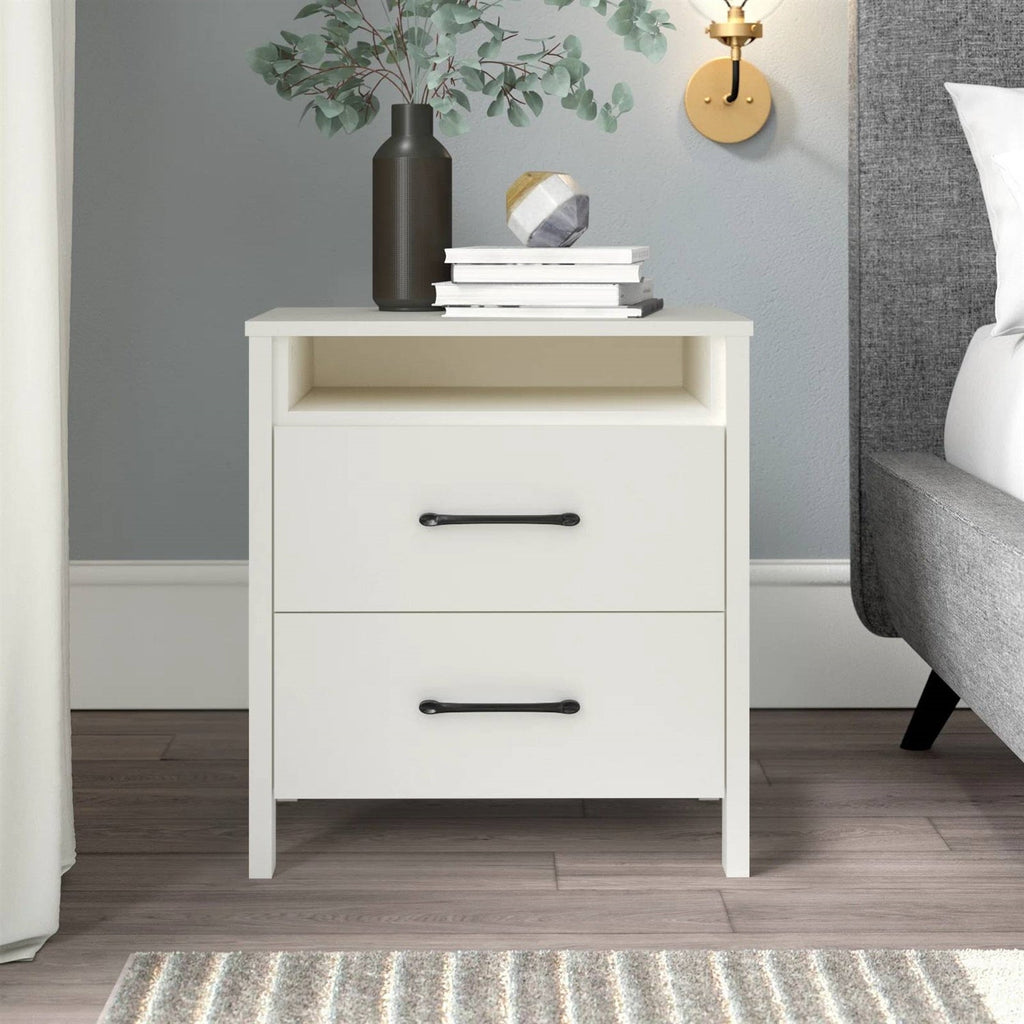 Modern 2-Drawer Nightstand with Open Shelf in Ivory Wood Finish