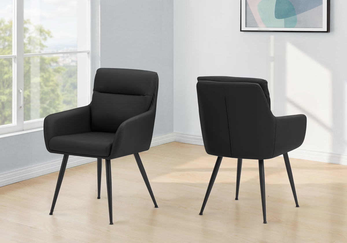 Dining Chair, 34 Inch Height, Set Of 2, Upholstered, Side, Dining Room, Kitchen, Black Leather Look, Black Metal, Contemporary, Mode