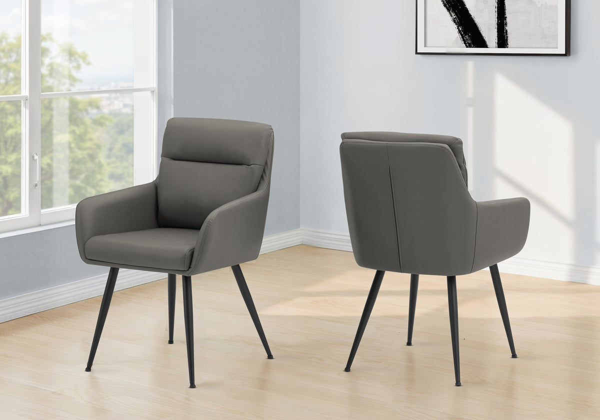 Dining Chair, 34 Inch Height, Set Of 2, Upholstered, Side, Dining Room, Kitchen, Grey Leather Look, Black Metal, Contemporary, Moder