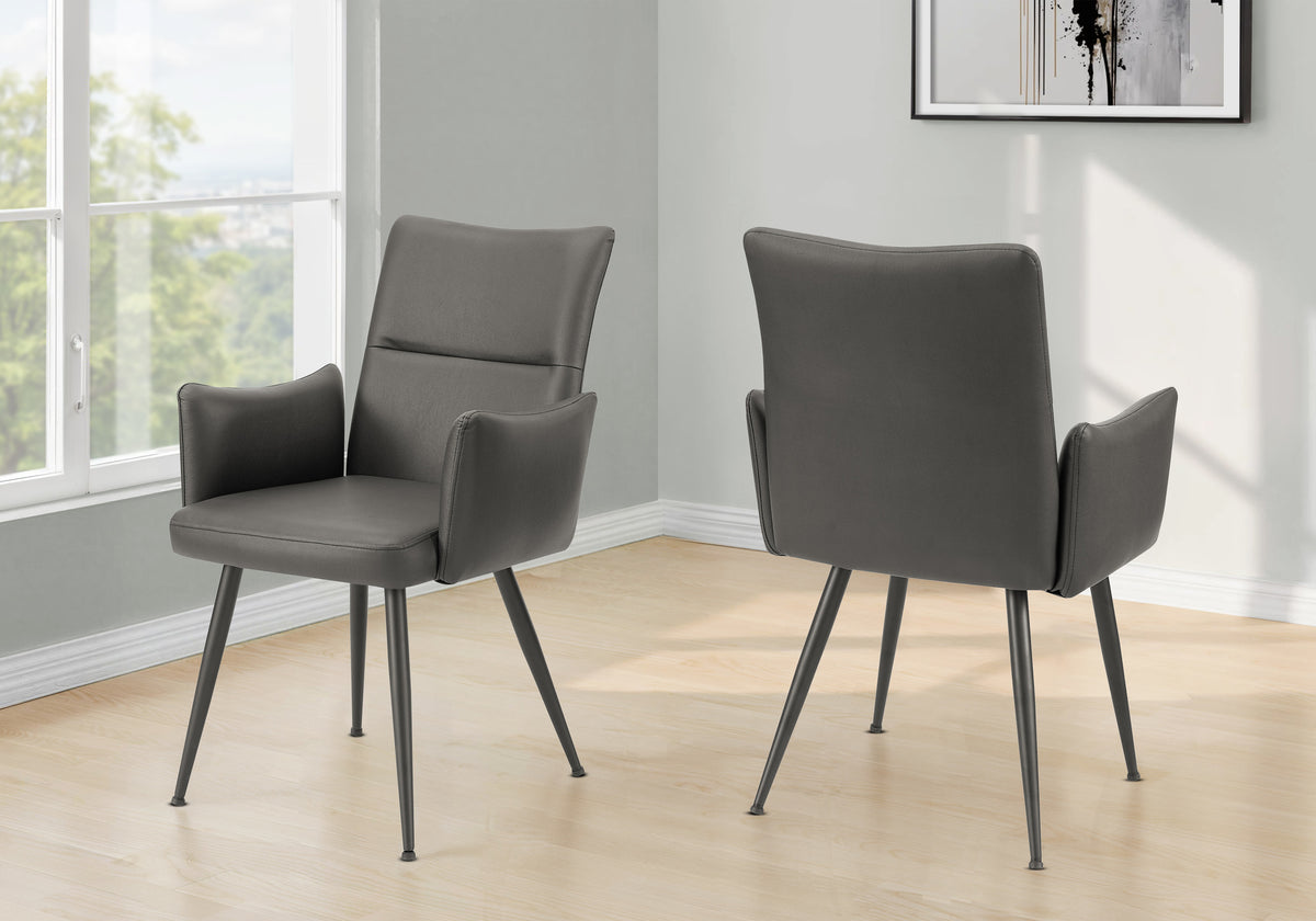 Dining Chair, 36 Inch Height, Set Of 2, Upholstered, Side, Dining Room, Kitchen, Grey Leather Look, Black Metal, Contemporary, Moder