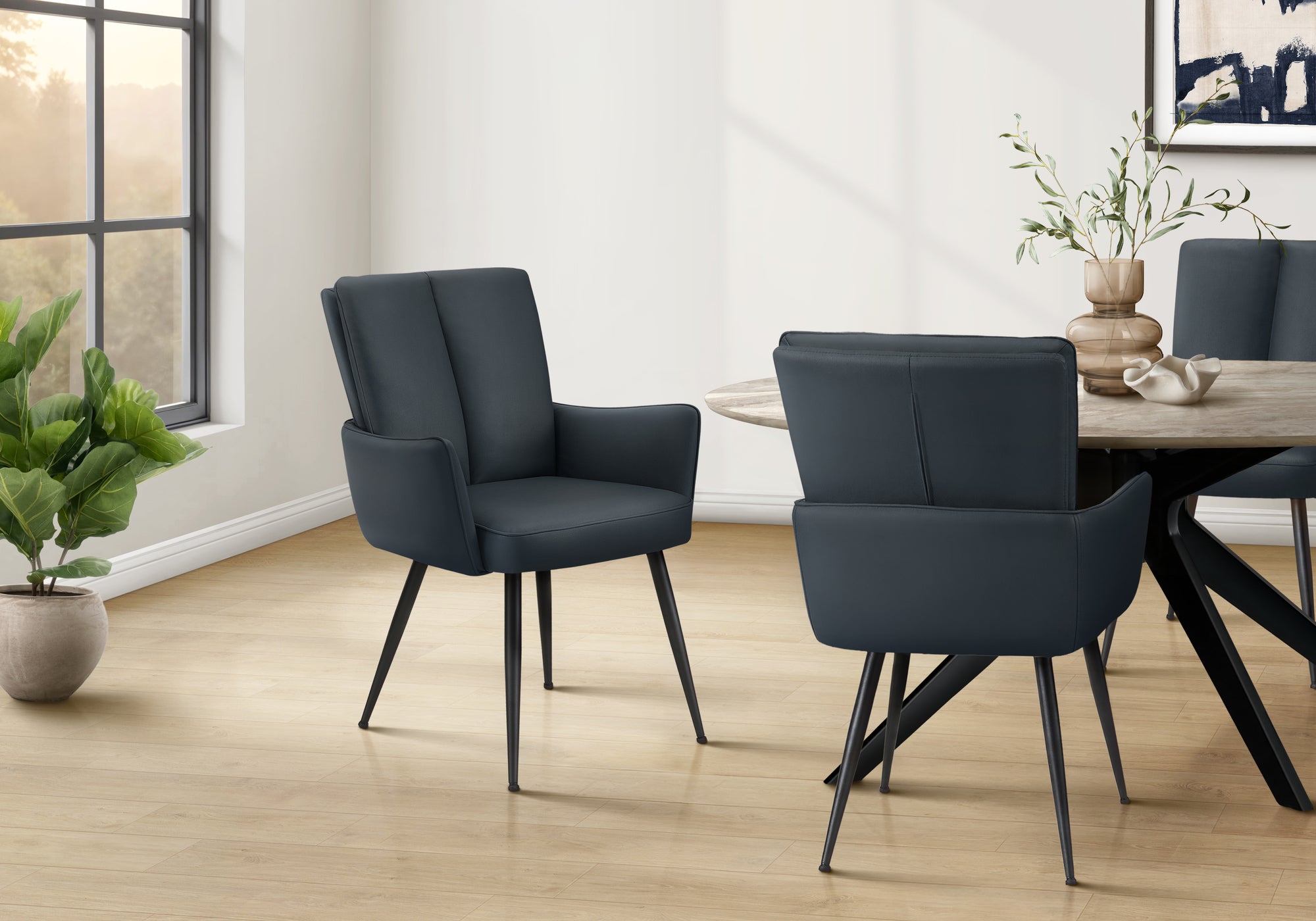Dining Chair, 36 Height, Set Of 2, Upholstered, Side, Dining Room, Kitchen, Blue Leather Look, Black Metal, Contemporary, Modern
