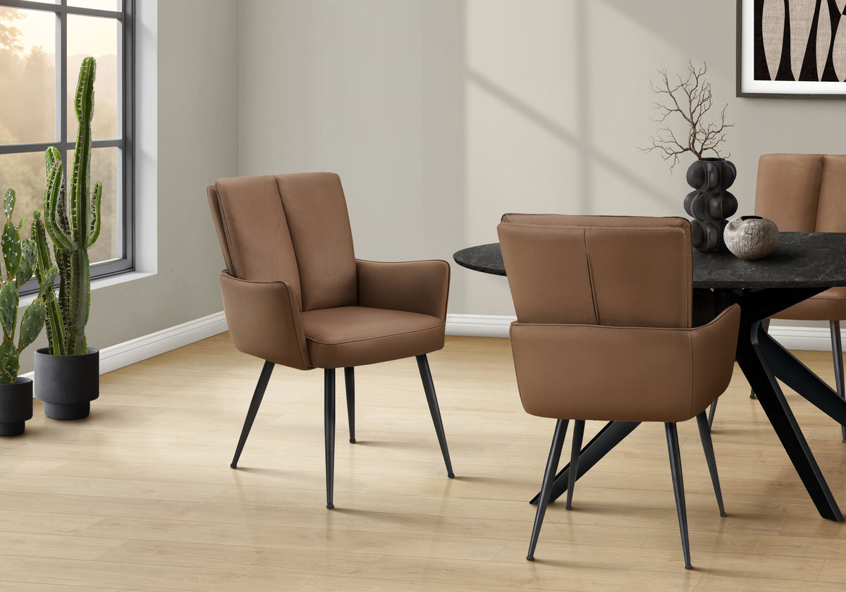 Dining Chair, 36 Inch Height, Set Of 2, Upholstered, Side, Dining Room, Kitchen, Brown Leather Look, Black Metal, Contemporary, Mode