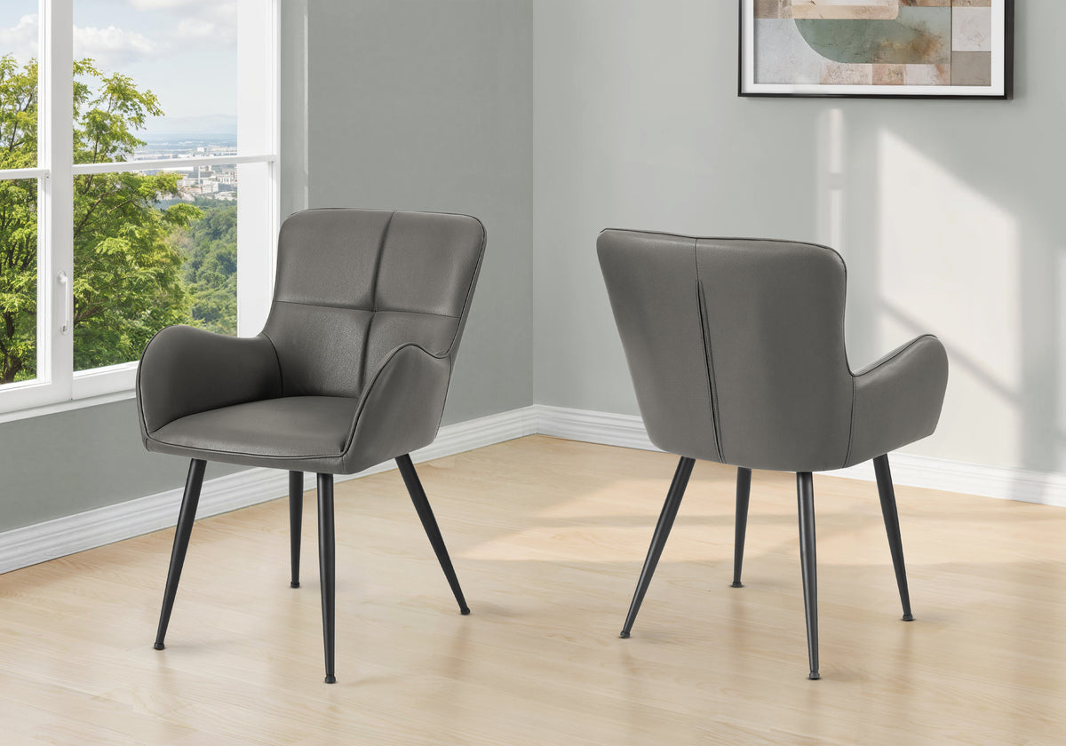 Dining Chair, 33 Inch Height, Set Of 2, Upholstered, Side, Dining Room, Kitchen, Grey Leather Look, Black Metal, Contemporary, Moder