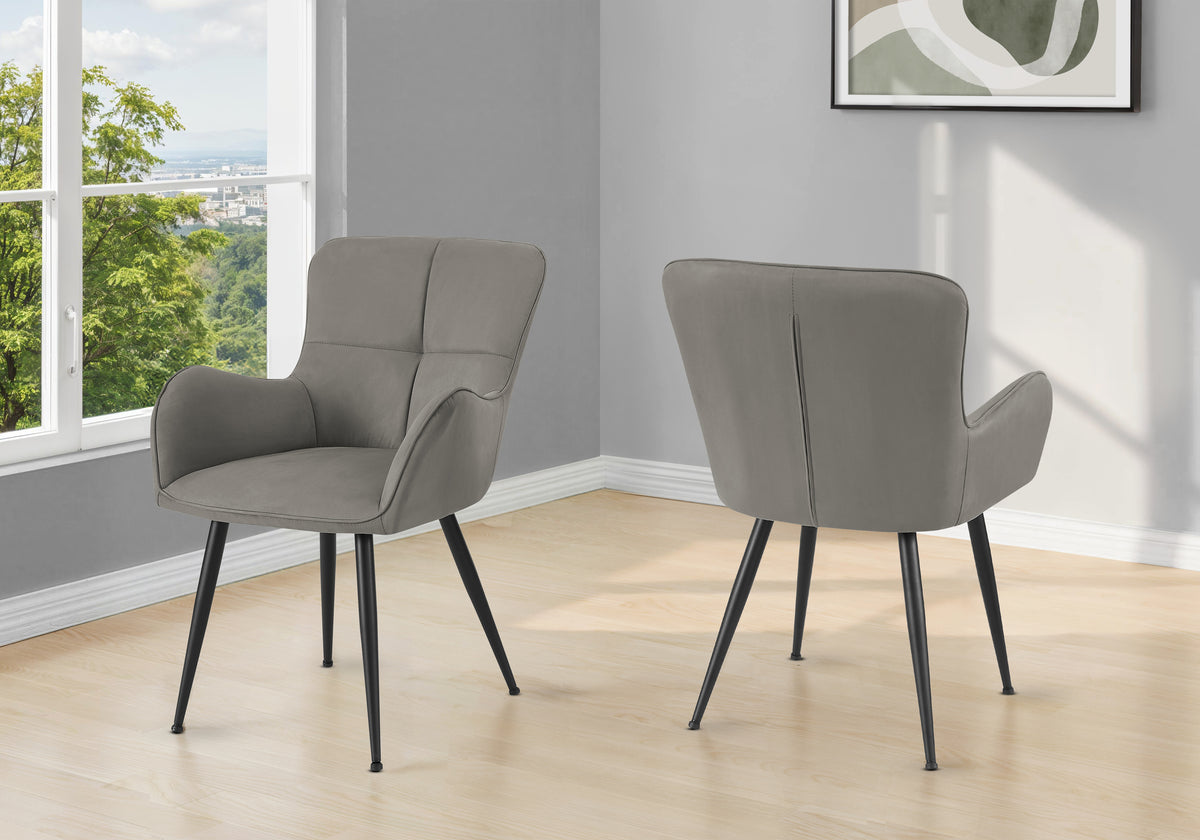 Dining Chair, 33 Inch Height, Set Of 2, Upholstered, Side, Dining Room, Kitchen, Grey Suede Look, Black Metal, Contemporary, Modern