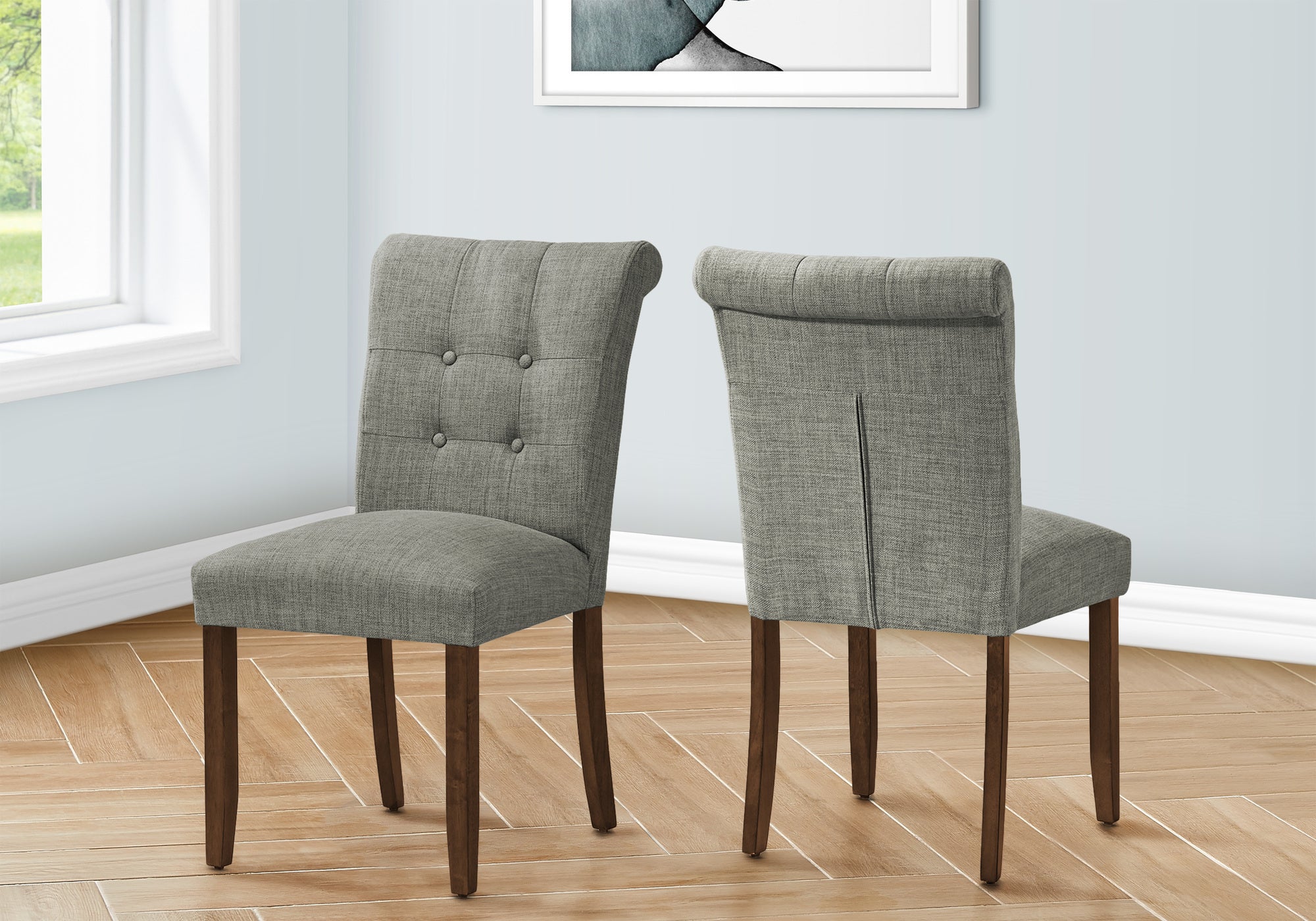 Dining Chair, 38 Height, Set Of 2, Upholstered, Dining Room, Side, Kitchen, Grey Fabric, Walnut Wood Legs, Modern