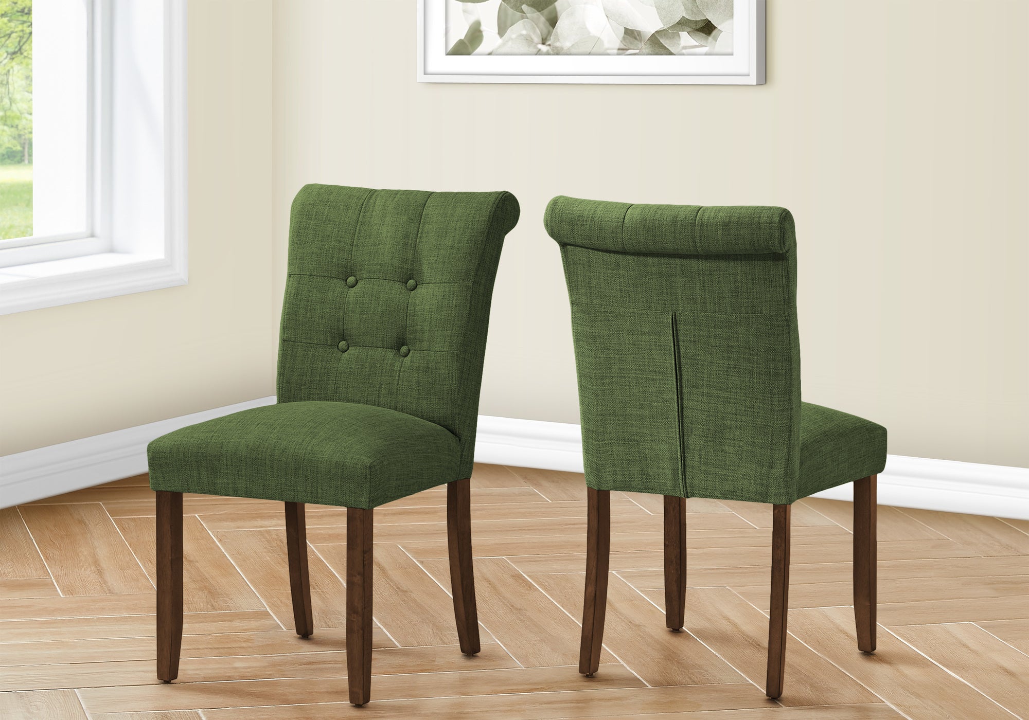 Dining Chair, 38 Height, Set Of 2, Upholstered, Dining Room, Side, Kitchen, Green Fabric, Walnut Wood Legs, Modern