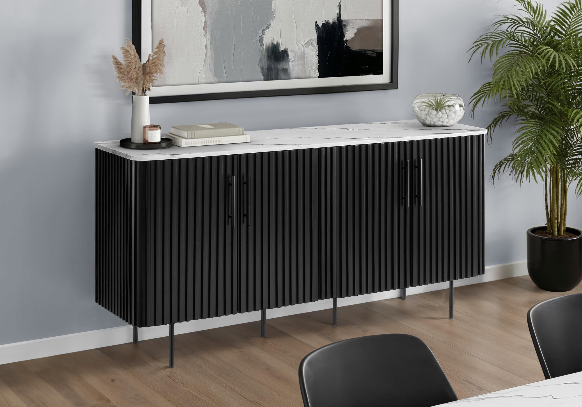 Cabinet, 66 Wide, Sideboard, Buffet, Dining Room, White Faux Marble, Black Laminate, Contemporary, Modern