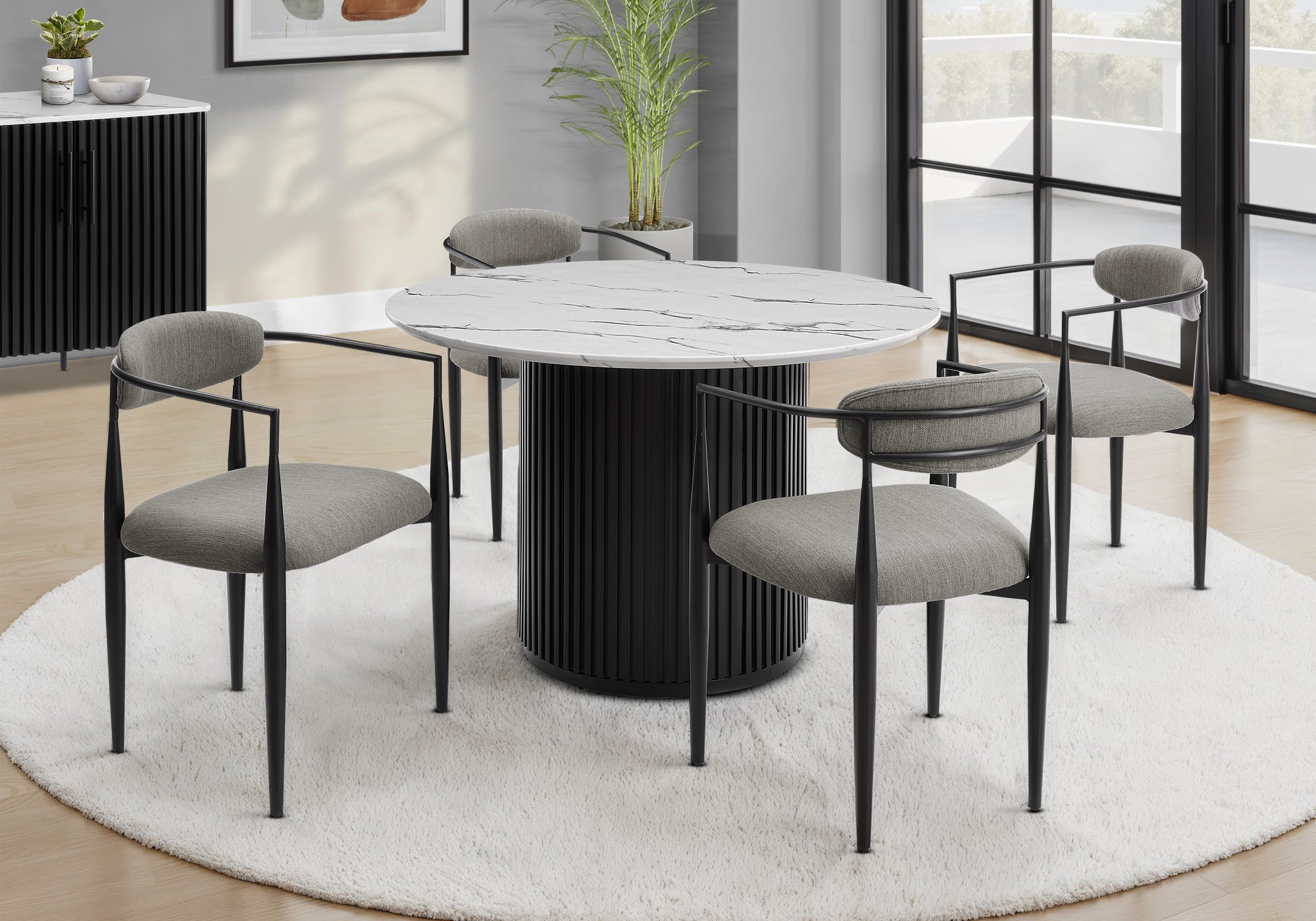 Dining Table, 48 Round, Laminate Top, Dining Room, Kitchen, White Faux Marble, Black Laminate, Contemporary, Modern