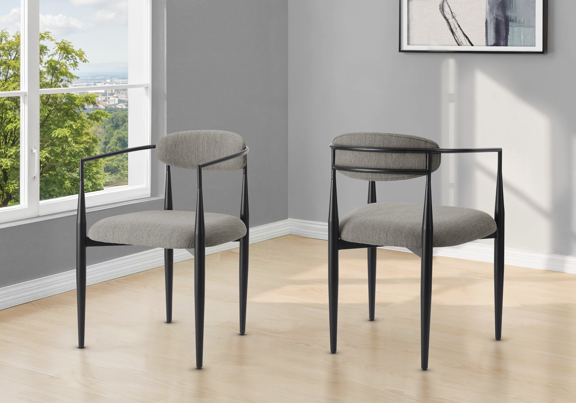 Dining Chair, 32 Height, Set Of 2, Upholstered, Side, Dining Room, Kitchen, Grey Fabric, Black Metal, Contemporary, Modern
