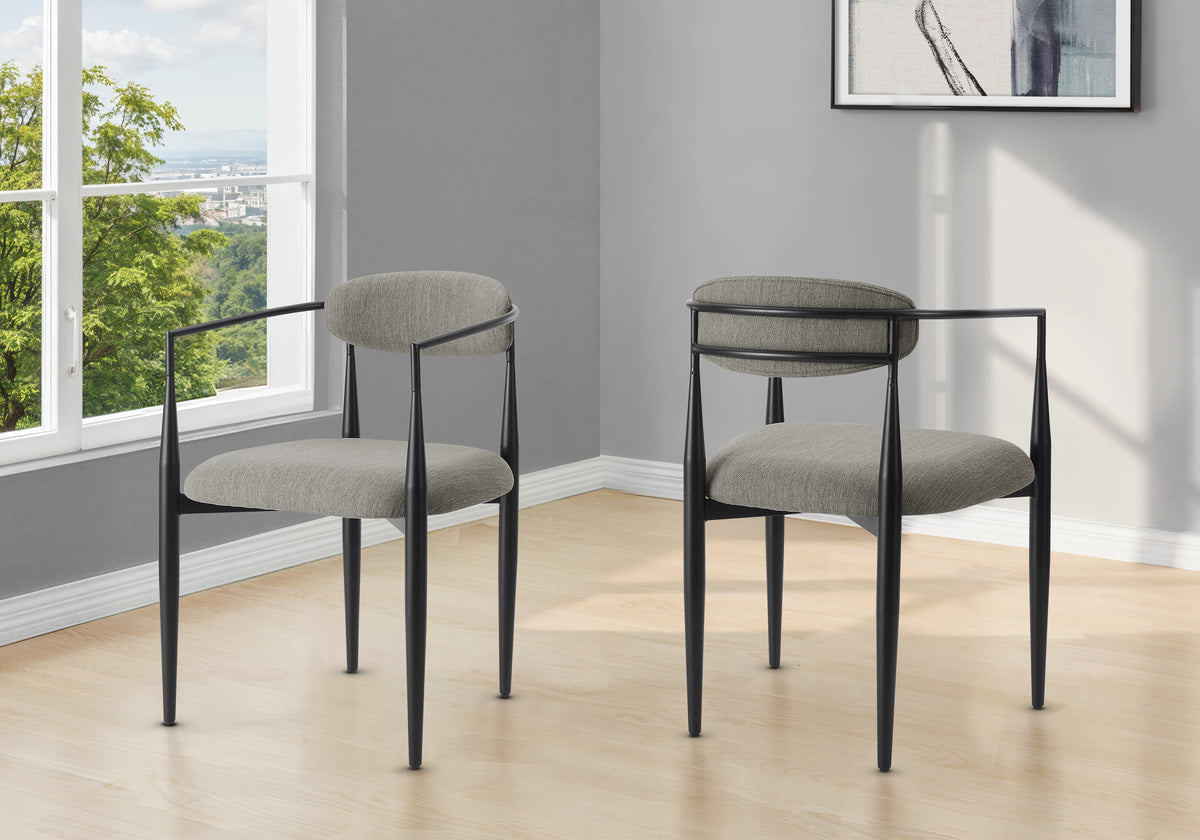 Dining Chair, 32 Inch Height, Set Of 2, Upholstered, Side, Dining Room, Kitchen, Grey Fabric, Black Metal, Contemporary, Modern