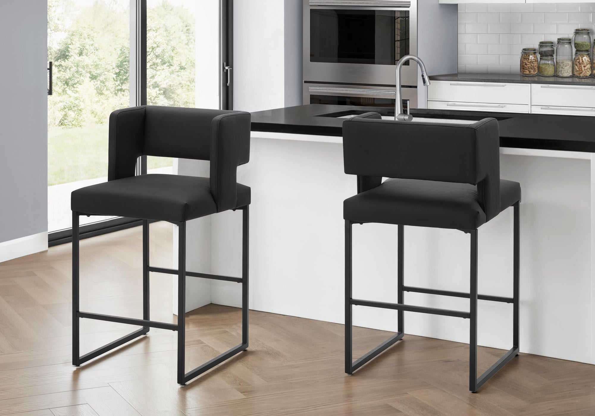 Barstool, Counter Height, Set Of 2, Kitchen, Black Leather Look, Black Metal, Contemporary, Modern