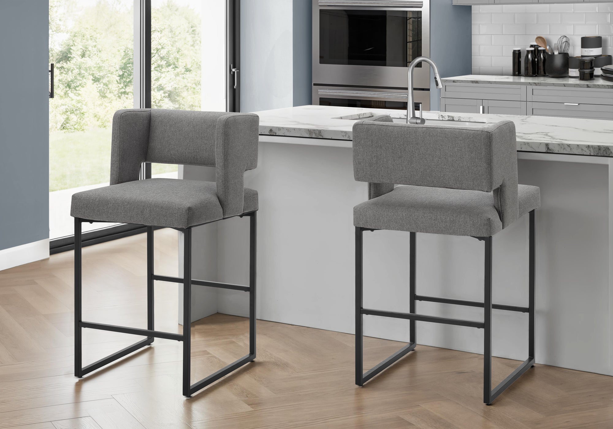 Barstool, Counter Height, Set Of 2, Kitchen, Grey Fabric, Black Metal, Contemporary, Modern