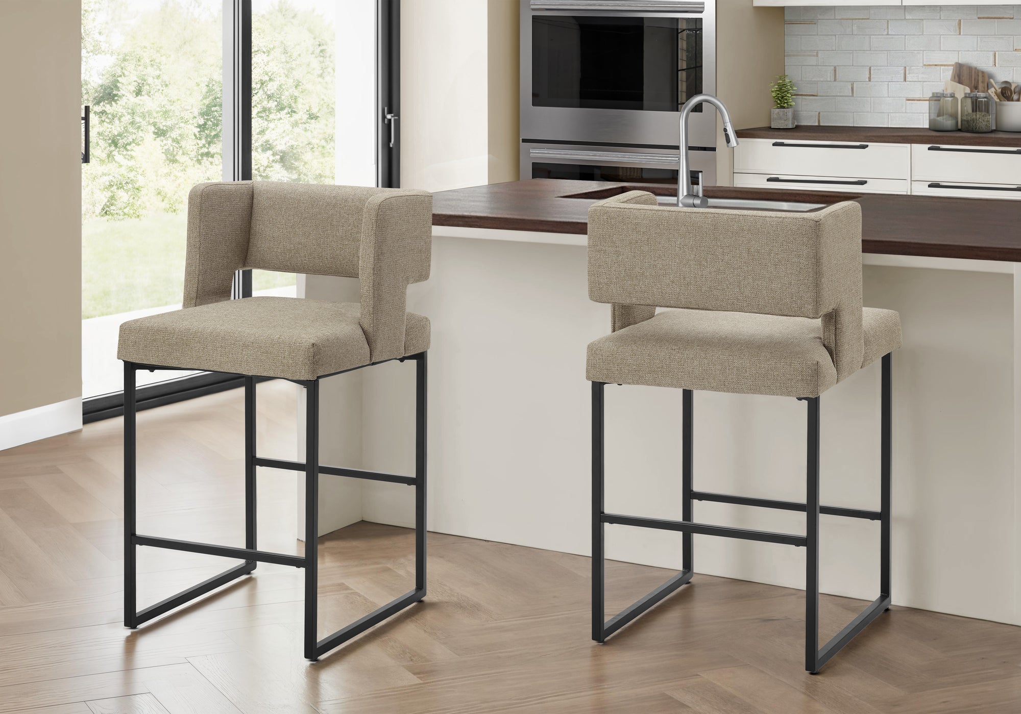 Barstool, Counter Height, Set Of 2, Kitchen, Brown Fabric, Black Metal, Contemporary, Modern