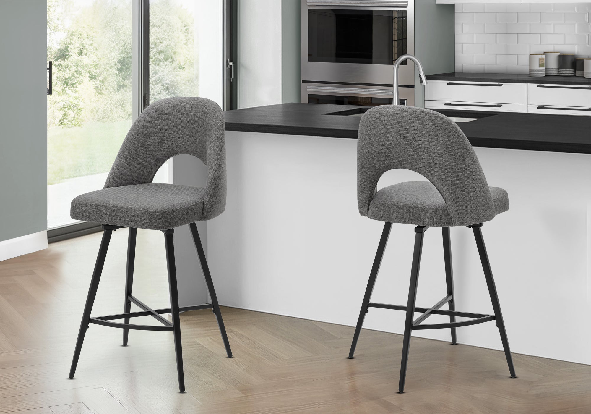 Barstool, 39 Height, Set Of 2, Counter Height, Swivel, Kitchen, Grey Fabric, Black Metal, Contemporary, Modern