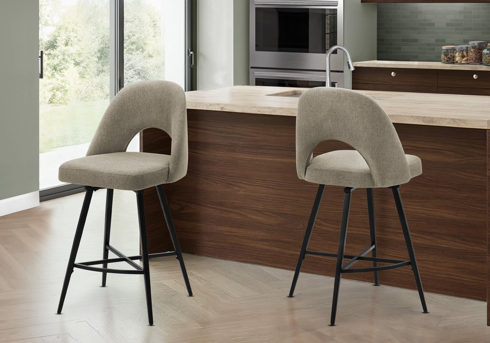 Barstool, 39 Height, Set Of 2, Counter Height, Swivel, Kitchen, Beige Fabric, Black Metal, Contemporary, Modern