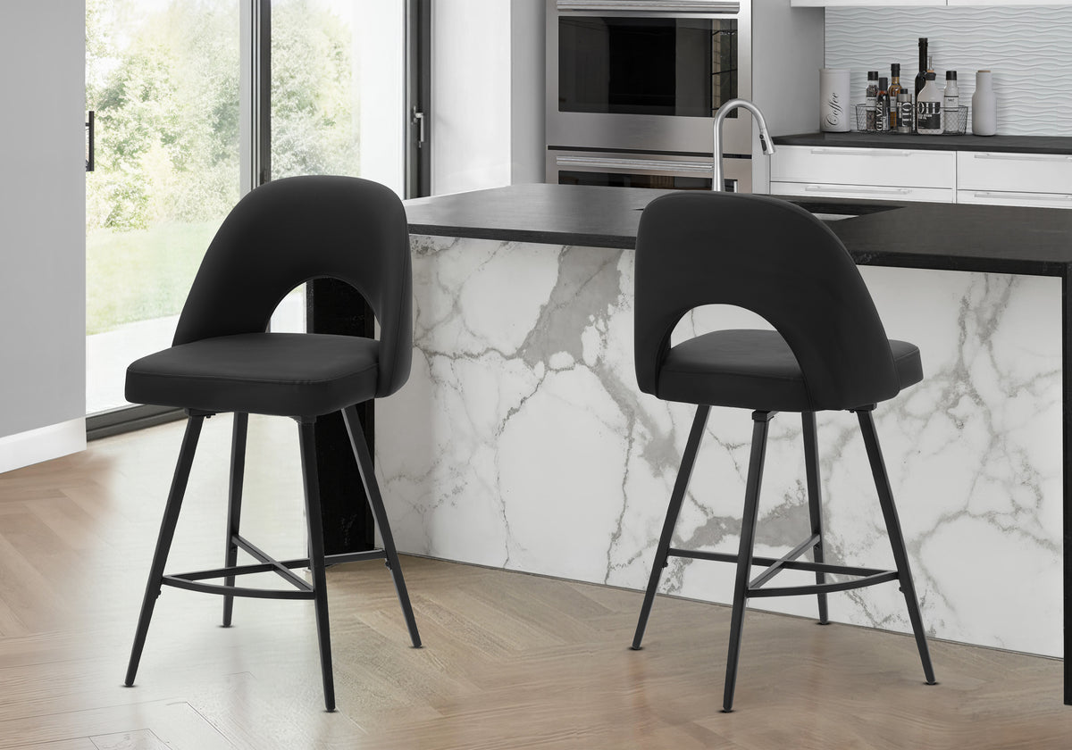 Barstool, 39 Inch Height, Set Of 2, Counter Height, Swivel, Kitchen, Black Leather Look, Black Metal, Contemporary, Modern