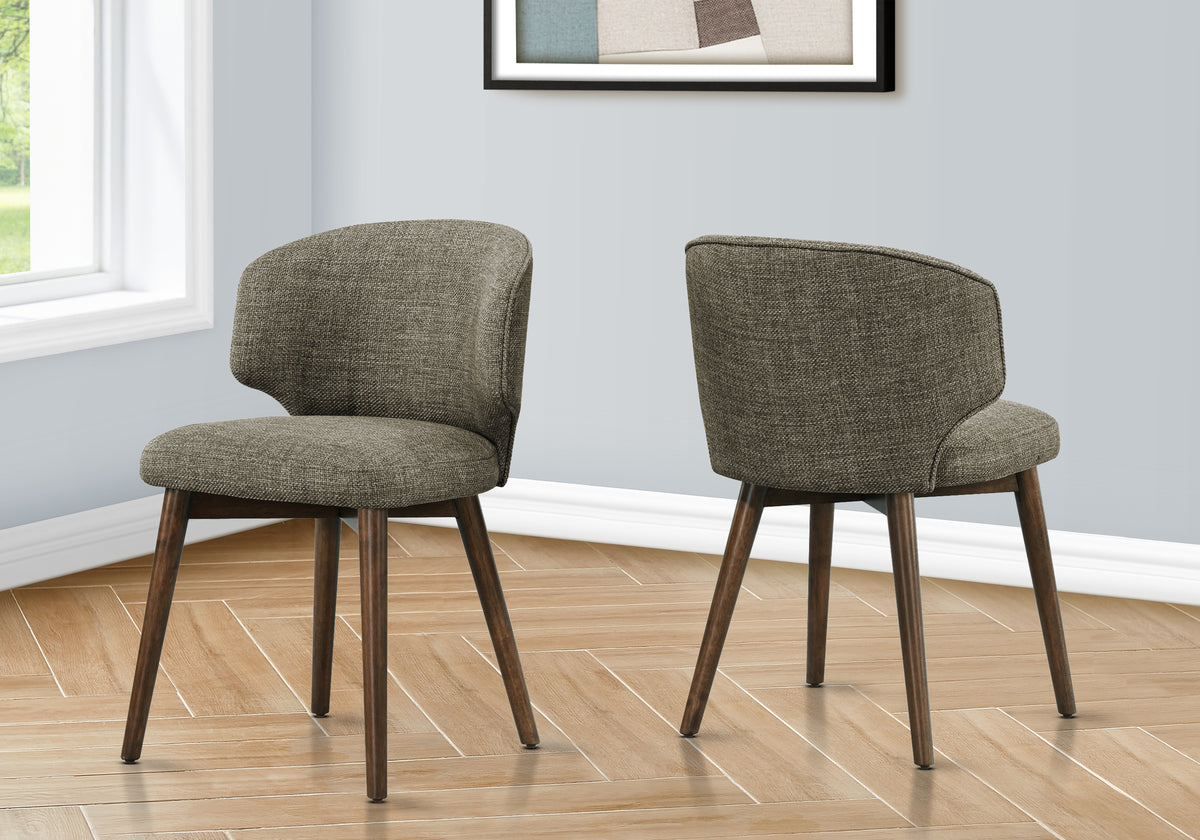 Dining Chair, 32 Inch Height, Set Of 2, Side, Upholstered, Dining Room, Kitchen, Dark Walnut, Brown Fabric, Mid Century, Modern