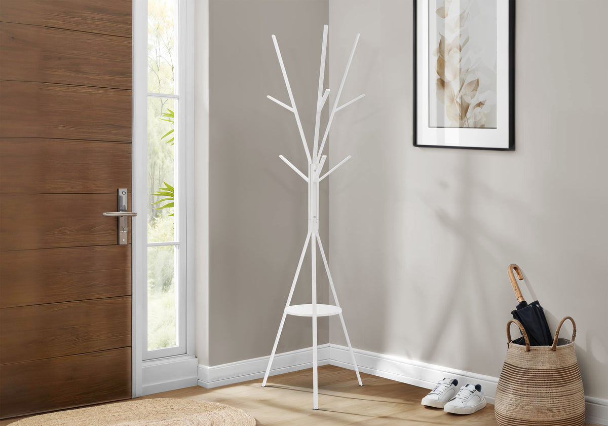 Coat Rack, 72 InchH, Bedroom, Entryway, Hall Tree, 6 Hooks, White Metal, Contemporary, Modern