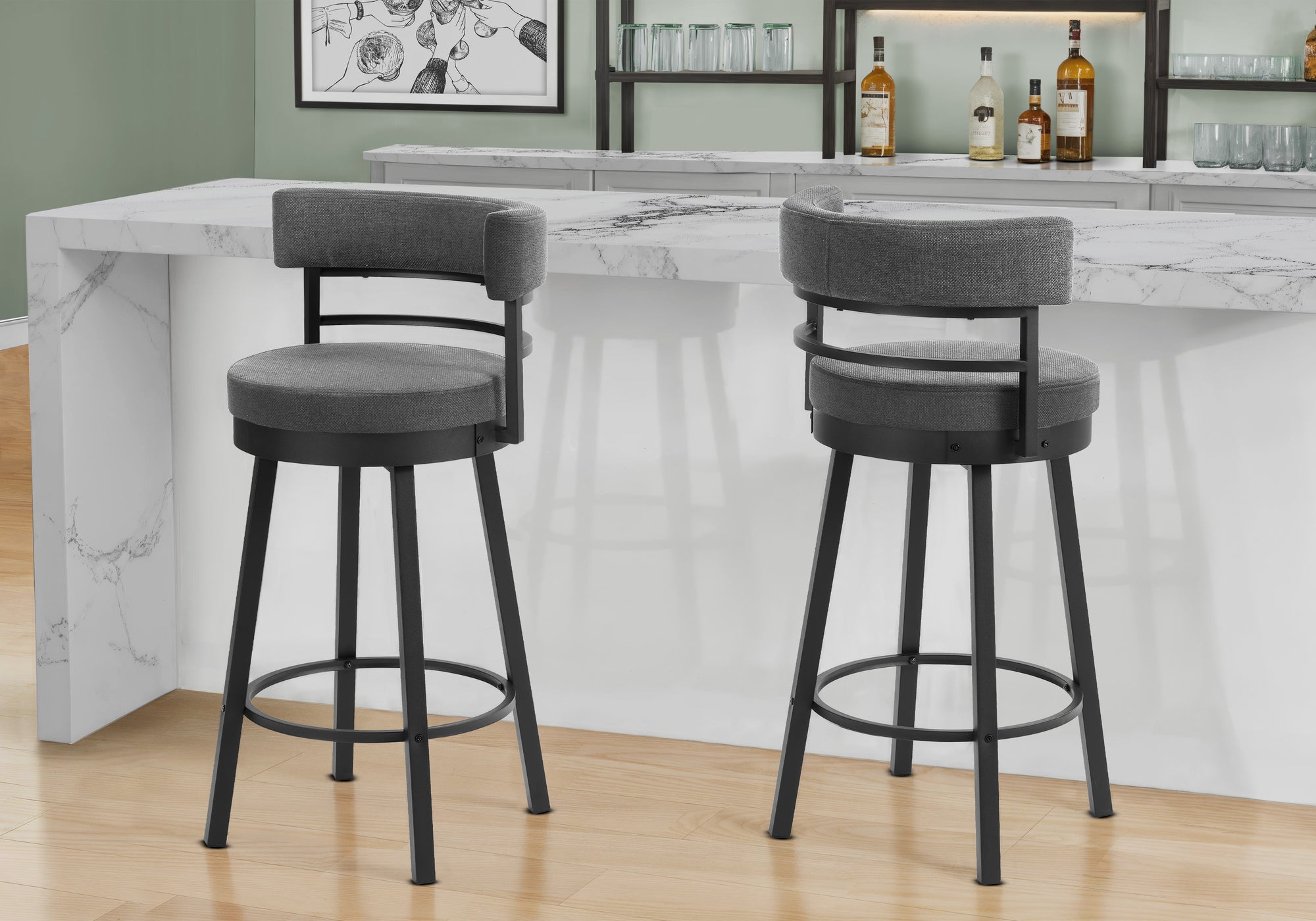 Barstool, 39 Height, Swivel, Bar Height, Set Of 2, Grey Fabric, Black Metal, Contemporary, Modern