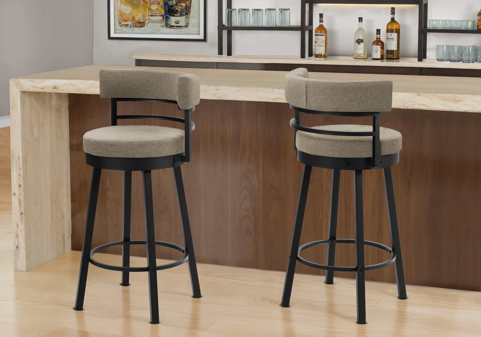 Barstool, 39 Height, Swivel, Bar Height, Set Of 2, Beige Fabric, Black Metal, Contemporary