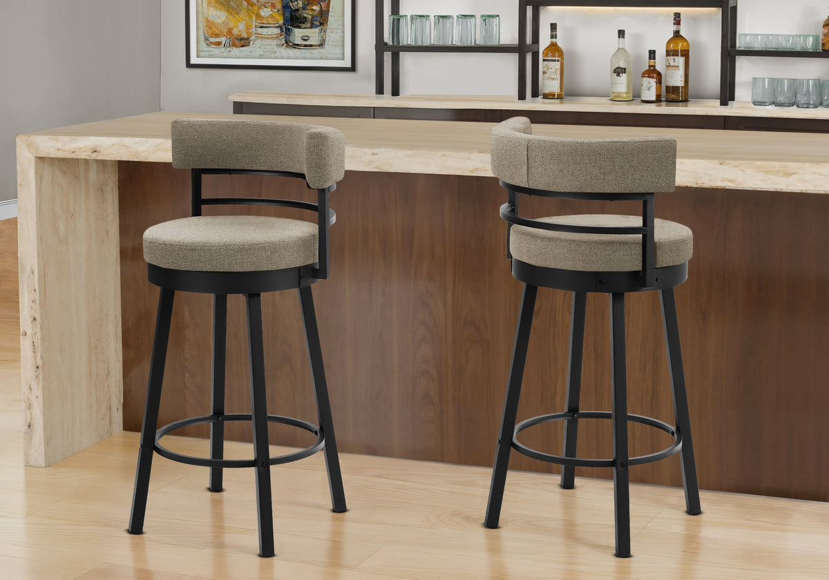 Barstool, 39 Inch Inch Height, Swivel, Bar Height, Set Of 2, Beige Fabric, Black Metal, Contemporary