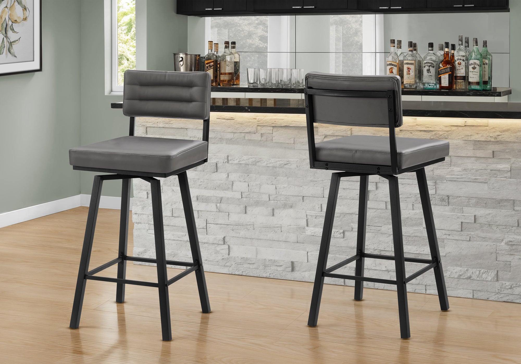 Barstool, 40 Height, Bar Height, Swivel, Set Of 2, Grey Leather Look, Black Metal, Contemporary, Modern