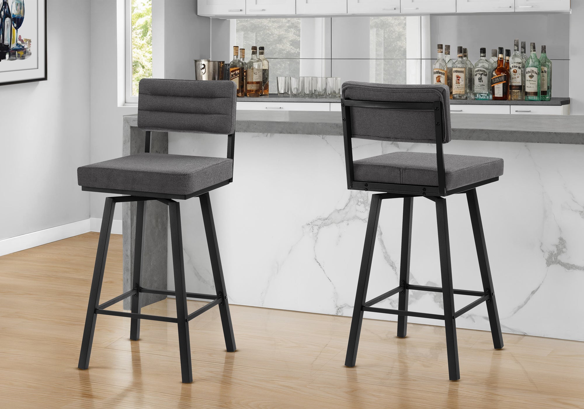 Barstool, 40 Height, Bar Height, Swivel, Set Of 2, Grey Fabric, Black Metal, Contemporary, Modern